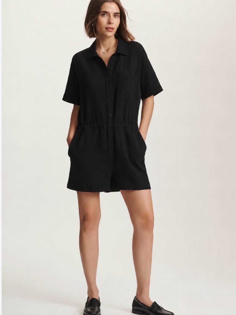 NWT Joe Fresh Women M Black Short-Sleeve Romper lightweight airy